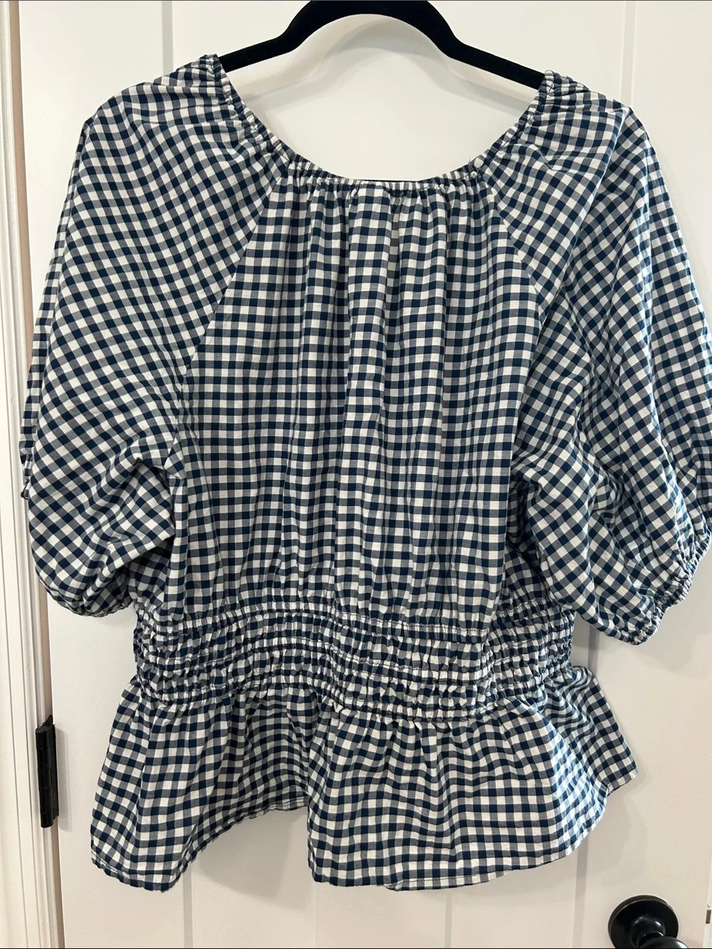 Old Navy Navy and White Gingham Puff-Sleeve Peplum Blouse